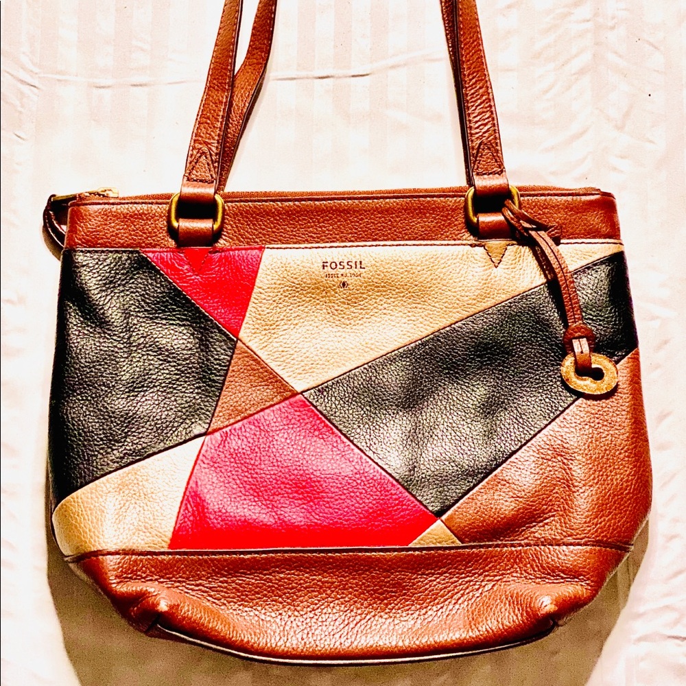 FOSSIL HANDBAG Leather Brown Black Red Gold